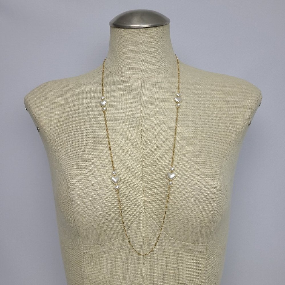 Gold Tone Chain Necklace Faux Pearl Heart